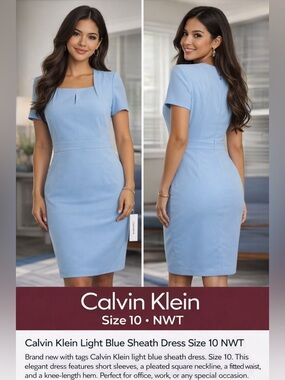 Calvin Klein Light Blue Sheath Dress Size 10 NWT | Elegant Work Office Midi